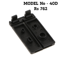 "Bottom view of a black replacement battery door cover for a DSLR camera, showing the internal locking hinges and mounting pins against a white background."