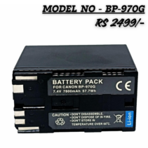 "BP-970G Rechargeable Li-ion Battery Pack for Canon camcorders, 7.4V 7800mAh 57.7Wh, showing technical specifications and safety warnings."