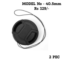 "Pair of black 40.5mm universal snap-on camera lens caps with attached elastic keeper leashes on a white background."