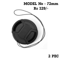 "Universal 72mm black snap-on camera lens cap with center-pinch mechanism and security keeper string leash, pack of 2."