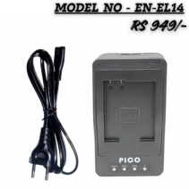 PICO EN-EL14 battery charger for Nikon DSLR cameras with AC power cord and price tag showing Rs 949.