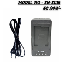 "PICO EN-EL15 battery charger for Nikon cameras with AC power cable and LED charging status indicators, priced at RS 849."