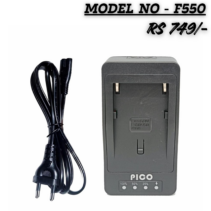 PICO F550 Battery Charger for Sony NP-F550, F750, and F960 batteries, including AC power cable and LED charging status indicators.