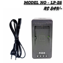 PICO LP-E6 camera battery charger with LED power indicators and AC power cable for Canon EOS DSLR and mirrorless cameras.