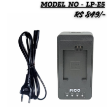 "PICO LP-E5 battery charger with detachable 2-pin power cord, featuring 25%, 50%, and 100% LED charging status indicators for Canon DSLR batteries."