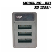 "Triple slot LCD USB battery charger for Sony NP-BX1 batteries with digital charging status display, Model BX1."