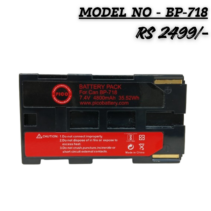 PICO BP-718 rechargeable lithium-ion battery pack for Canon camcorders, 7.4V 4800mAh 35.52Wh, showing technical labels and safety warnings.