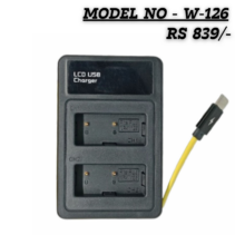 Dual-channel LCD USB battery charger for Fujifilm NP-W126 batteries featuring a built-in yellow USB cable and digital status display.