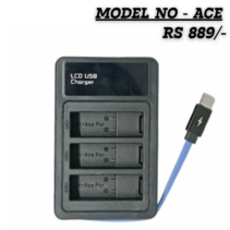 Ace Model 3-Slot LCD USB Battery Charger with blue Type-C cable and digital status display for action camera batteries.