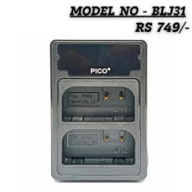 PICO BLJ31 Dual Channel USB Battery Charger for Panasonic DMW-BLJ31 batteries featuring two charging slots and LED indicators.