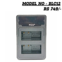 "PICO BLC12 dual channel battery charger for Panasonic DMW-BLC12 batteries, featuring two charging slots (CH1 and CH2) and a sleek black portable design. Price shown as RS 749."