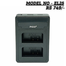 "PICO EL25 Dual Battery Charger for Nikon EN-EL25 batteries, featuring two charging slots with LED indicator lights for Nikon Z50, Z30, and Z fc cameras."