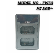 PICO Dual Channel Battery Charger for Sony NP-FW50 batteries, model FW50, featuring two charging slots and LED indicators.