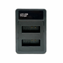 Dual LCD USB battery charger for Canon LP-E12 batteries featuring two charging slots and a digital status display.