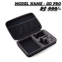 "Black hard-shell GoPro carrying case with custom foam inserts for action camera and accessories, priced at Rs 999."