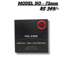 "PICO 72mm Digital High Definition UV camera lens filter in black retail packaging showing low profile ring and high index optical glass features, priced at RS 349."