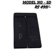 "Replacement black rubber interface port cover for Canon EOS 5D DSLR camera featuring labels for Digital, Video Out, Flash, and Remote ports."