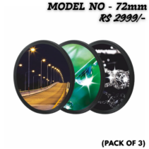A pack of three 72mm Star Filter lens attachments for DSLR cameras, showing examples of starburst effects on a night bridge, a green leaf with dew, and a diamond ring. Text reads "MODEL NO - 72mm" and "RS 2999/-".