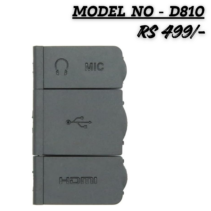 A set of three black replacement rubber port covers for a Nikon D810 camera, labeled for Mic/Headphones, USB, and HDMI ports, shown against a white background with text "Model NO - D810" and price "RS 499/-".