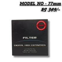"PICO 77mm Digital High Definition UV Filter for DSLR camera lenses, featuring high index optical glass and low profile ring, priced at RS 349."