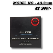 "Pico 40.5mm UV filter with slim black aluminum frame and transparent optical glass."
