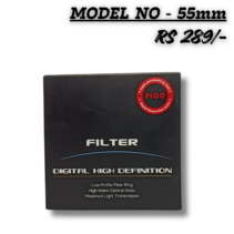 "PICO 55mm Digital High Definition camera lens filter in black packaging, featuring a low profile filter ring and high index optical glass, priced at RS 289."
