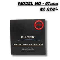 "Pico 67mm Digital High Definition camera lens filter packaging featuring low profile ring and high index optical glass specifications."