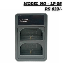 Dual-slot LCD USB battery charger for Canon LP-E6 and LP-E6N batteries, showing two charging bays and digital display screen.