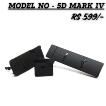 "3-piece set of replacement black rubber interface port covers for a Canon EOS 5D Mark IV DSLR camera, showing the HDMI/USB, Mic/Headphone, and Flash Sync terminal caps."