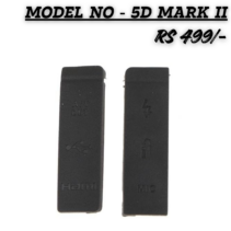 "A set of two black replacement rubber interface port covers for a Canon EOS 5D Mark II DSLR camera, showing the HDMI, USB, MIC, and flash sync terminal flaps."