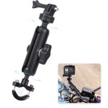 360° motorcycle handlebar mount with a dual ball head extension arm, U-bolt clamp, and GoPro adapter for multi-angle action camera filming.