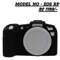 Black silicone protective skin case for Canon EOS RP mirrorless camera, custom-fit design with textured grip, shown with "MODEL NO - EOS RP" and price "RS 1199/-" text.