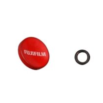 Red metal soft release shutter button with tapered thread and black rubber O-ring for Fujifilm and Leica cameras.
