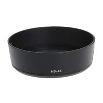 "HB-45 black matte camera lens hood for Nikon AF-S DX 18-55mm lenses, showing side profile and model branding."