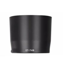 Front-facing view of a matte black ET-74B lens hood replacement, designed as a dedicated bayonet mount shade for Canon RF 100-400mm and EF 70-300mm IS II USM lenses."