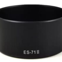 "Canon ES-71II black cylindrical lens hood for Canon EF 50mm f/1.4 USM lens, featuring white 'ES-71 II' model branding on a matte finish."