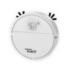 Top-view of a 3-in-1 white smart robot vacuum cleaner featuring a large power button and "Sweepin Robot" branding, highlighting sweeping, mopping, and floor suction features.