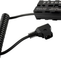 WY-F550X2 D-Tap to NP-F adapter hub showing built-in circuit protection for reverse polarity and overload with high-power continuous shooting text overlay.