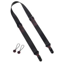 Pro Quick Release Camera Strap features: adjustable woven nylon belt, quick release push button anchors, washable soft fabric, and secure anti-fall mechanism for DSLR cameras.