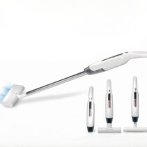 Three views of the Jallen Gabor IS008 handheld vacuum unit in white with rose gold accents, showing the standalone motor unit and two attachments including a wide floor brush head.