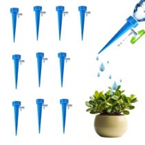 12-piece set of blue and green self-watering spikes with adjustable control valves for indoor plants.