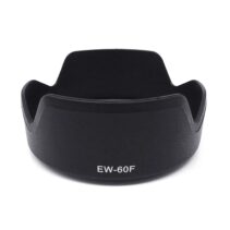 Black petal-shaped EW-60F lens hood for Canon RF-S 18-150mm and EF-M 18-150mm lenses, featuring a bayonet mount and white "EW-60F" model labeling.
