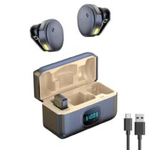 Q8 wireless microphone showing one-click noise cancellation button and audio wave comparison before and after noise reduction.