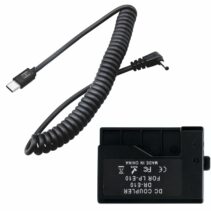 Front and back view of the DR-E10 DC Coupler showing the technical specifications label, CE and FCC certification marks, and compatibility for Canon LP-E10 battery slots.