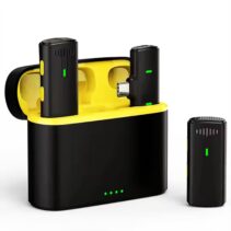 K10 wireless lavalier microphone showing instant connection and automatic frequency linking with a Type-C receiver plugged into a smartphone on a reflective blue surface.