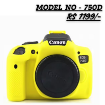 PICO bright yellow silicone protective case custom-fitted for Canon EOS 750D DSLR camera showing front view and full button access.