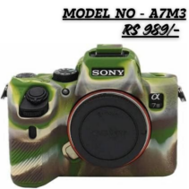 Military Green camouflage silicone protective case fitted on a Sony Alpha 7 III (A7M3) camera body, showcasing the precision cutouts for the lens and grip.