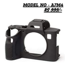"Matte black silicone protective case for Sony A7 IV (A7M4) camera body. The image shows a custom-fit, shockproof rubber skin designed to protect the camera from scratches and impact. Text overlay displays 'MODEL NO - A7M4' and 'RS 999/-'."