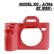 Red silicone protective case specifically designed for the Sony A7M4 camera, showing a front view with precision cutouts for the lens and buttons.