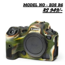 Canon EOS R6 in a camo silicone skin with the dual SD memory card slot door open, highlighting the precision cutouts for easy access.